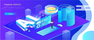 2.5d蓝色ai智能办公金融数据渐变插画