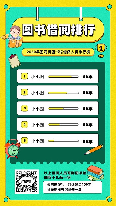 图书馆借阅图书人员排行榜宣传手机海报