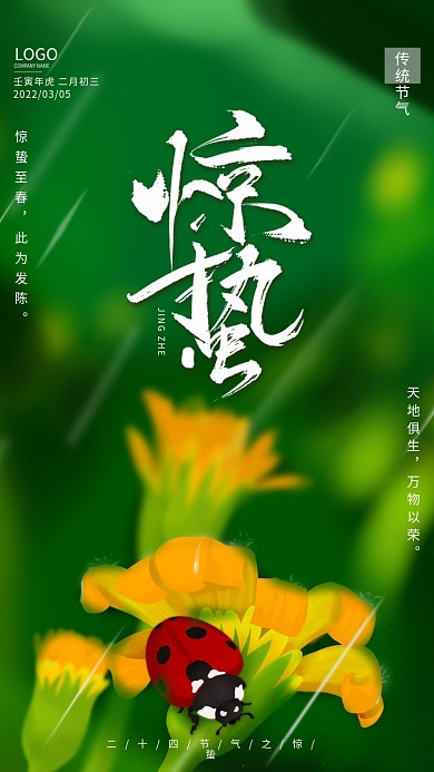 惊蛰春分谷雨水二十四节气手绘瓢虫手机壁纸