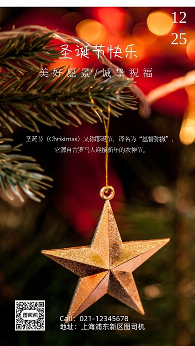 圣诞节松树许愿星红色摄影图手机海报