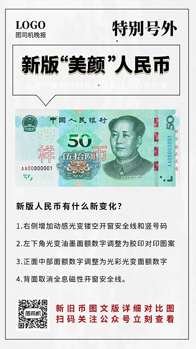 新版人民币辨识指南报纸简约手机海报