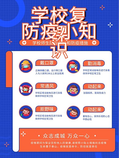 简约蓝色学校复课抗疫防疫知识须知海报