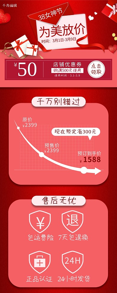 电商通用女王节价格曲线暗红色简约电商详情页