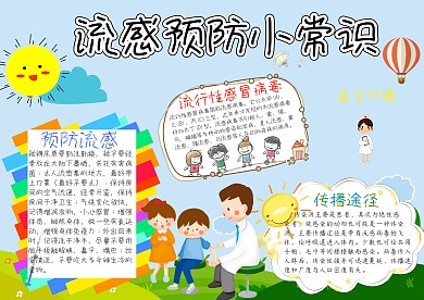 流感预防小常识卡通小学生小报模板
