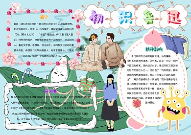 卡通小学生初识鲁迅先生作家小报模板