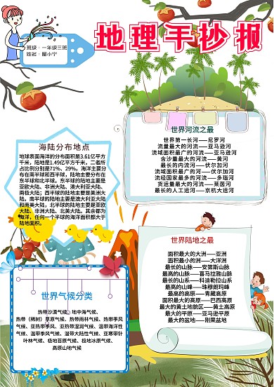 地理手抄报卡通小学生世界之最小报模板