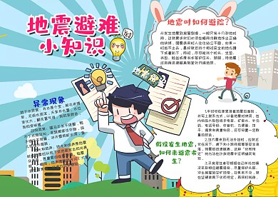 蓝色卡通地震避难小知识漂亮手抄报模板