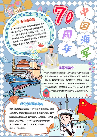 中国海军70周年卡通小学生海军小报模板
