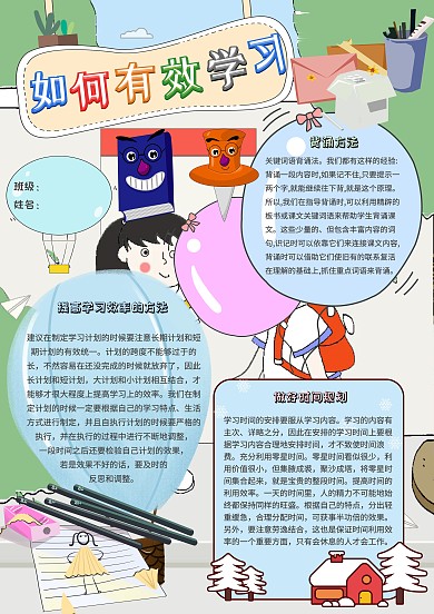 如何有效学习卡通小学生学习效率小报模板