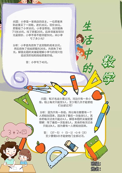 生活中的数学卡通数学小报小清新绿色手抄报