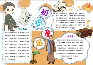 初识鲁迅卡通小学生作家小报模板