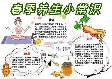 春季养生小常识卡通小学生绿色小报模板