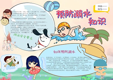 卡通可爱手抄报预防溺水模板