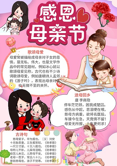 粉色卡通可爱简约感恩母亲节手抄报模板