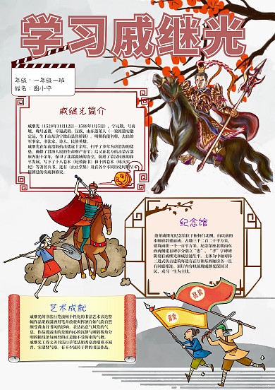 古风卡通学习戚继光小报手抄报模板