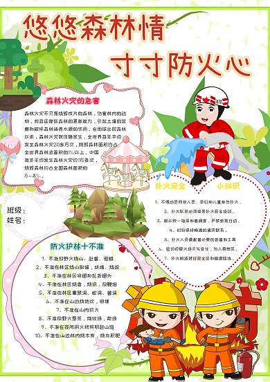 悠悠森林情寸寸防火心卡通安全小报模板