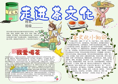 走进茶文化卡通小学生小报模板