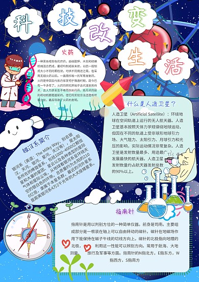 科技改变生活卡通小学生蓝色科技小报模板