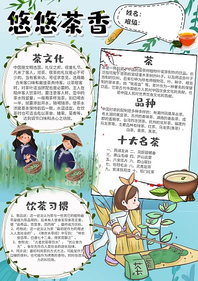 竖版绿色悠悠茶香小报手抄报模板