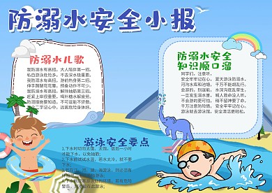 蓝色卡通防溺水安全小报手抄报模板