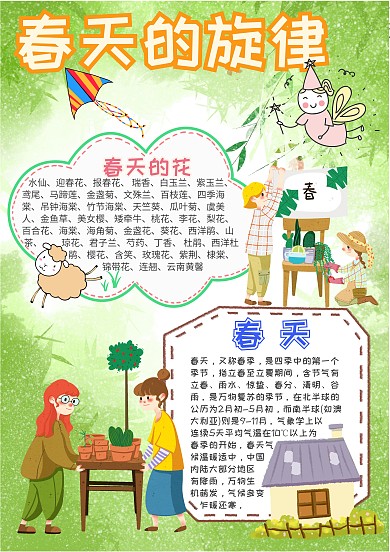 春天的旋律卡通小学生小报模板