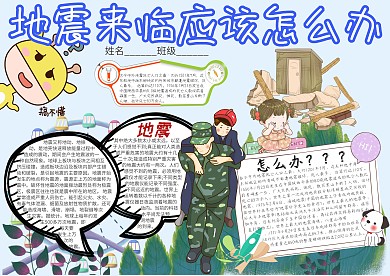 地震来临应该怎么办卡通小学生小报模板 