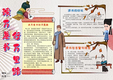 卡通古风读书万卷行万里路漂亮手抄报模板