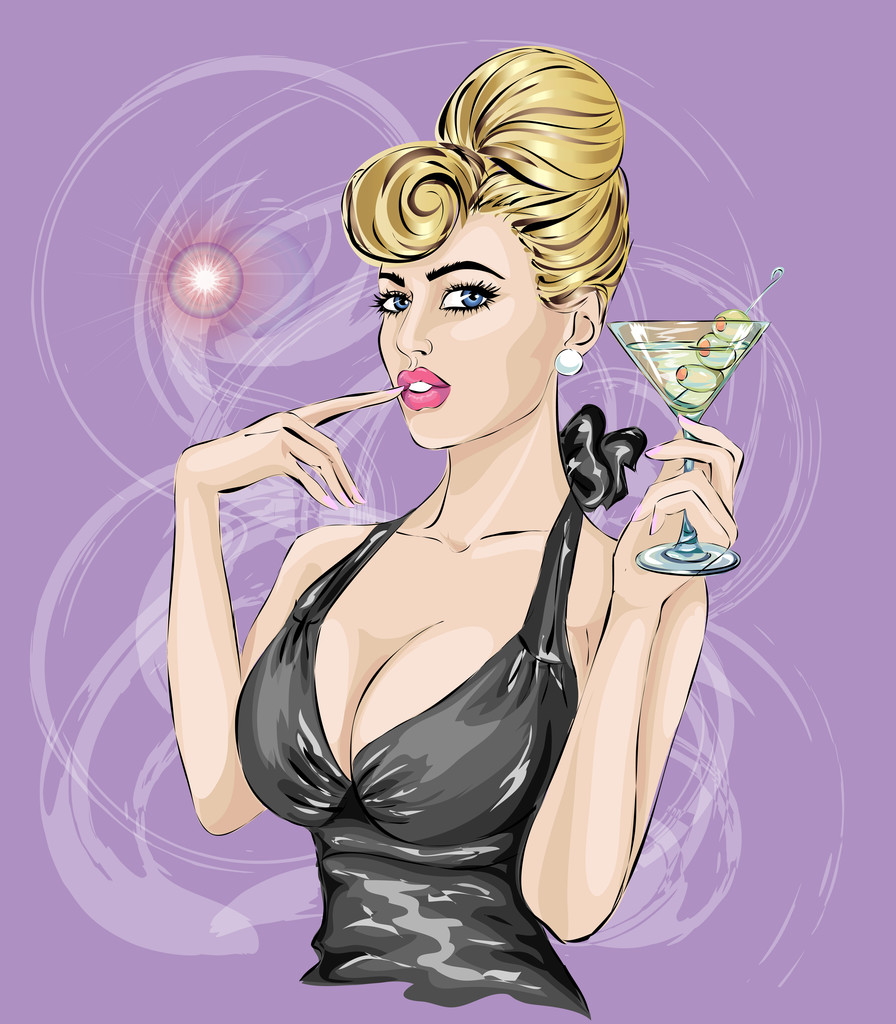 性感的波普艺术女人喝马提尼酒。香艳