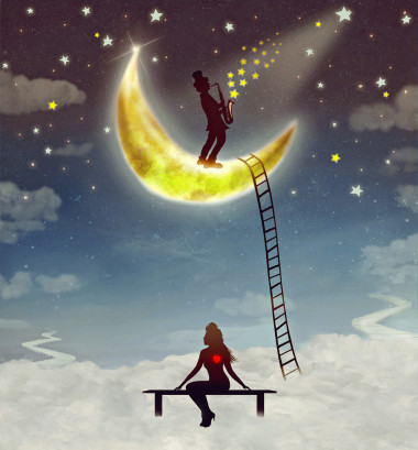 一個女孩坐在一張凳子和男孩的演奏薩克斯管的剪影插圖