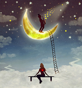 一个女孩坐在一张凳子和男孩的演奏萨克斯管的剪影插图