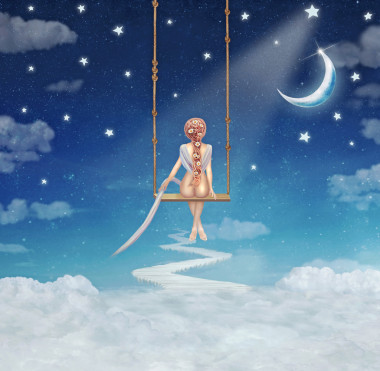 可愛(ài)的女孩搖搖在秋千上，插畫藝術(shù)