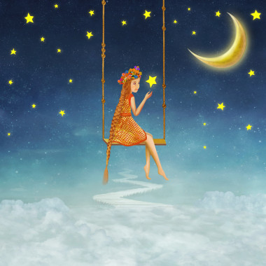 可爱的女孩摇摇在秋千上，插画艺术