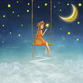 可爱的女孩摇摇在秋千上，插画艺术