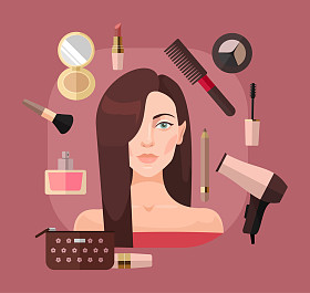 在美容院的女人。矢量平面插画