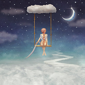 可爱的女孩摇摇在秋千上，插画艺术