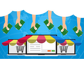 钱从云上互联网的在线购物的双手