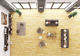 客厅内部 3D 渲染的顶视图