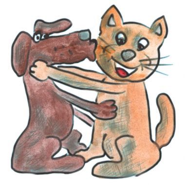 棕色的狗抱着橙色的猫卡通水彩孤立