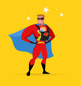 超级英雄，爸爸在超级英雄服装与承运人和婴儿