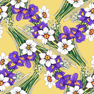 虹膜、 水仙花和雛菊花的花束