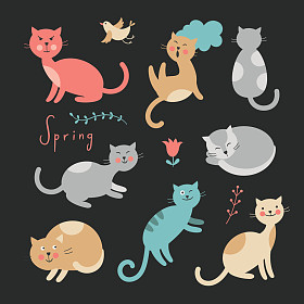 矢量可爱的猫咪在黑色背景上的一套