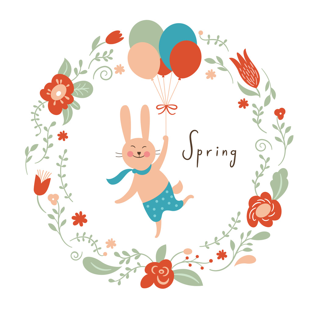 可爱的小兔子飞行,用彩色的气球 可爱的小兔子飞行,用彩色的气球