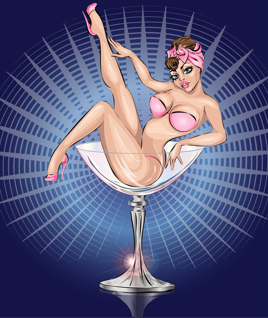 销了性感的女孩穿粉红色比基尼马提尼杯