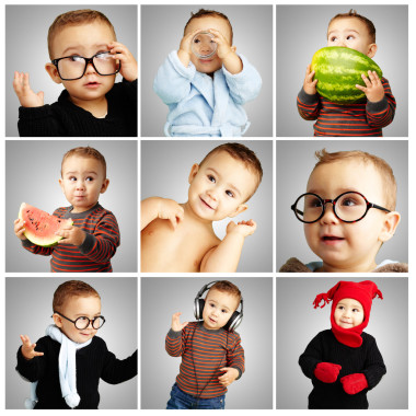 有趣的嬰兒，在灰色的背景的組成