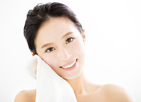洗脸用毛巾的年轻女子照片