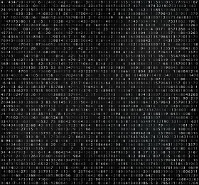 黑色矩阵背景与白色数字。加密和编码，数据代码，数量减少的计算机代