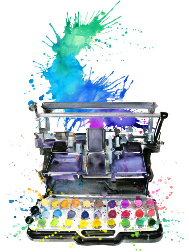 打字機(jī)。老式的打字機(jī)。打字機(jī)的插圖水彩。彩色打印機(jī)的插圖。打印機(jī)的插圖。水彩濺背景