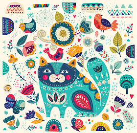 与猫、 蝴蝶、 鸟和花的插图
