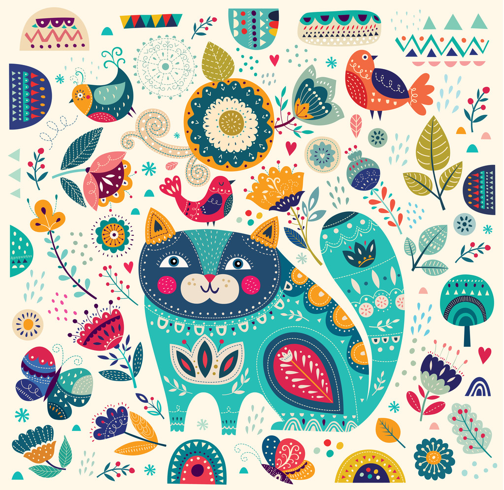 与猫、 蝴蝶、 鸟和花的插图