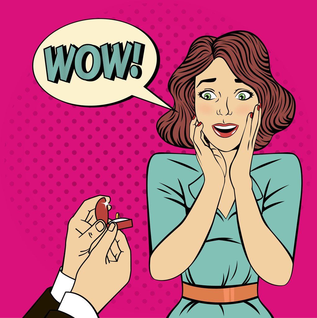 求婚。订婚。惊讶的女人流行艺术旗帜。.嫁给我,婚礼贺卡,快乐的女人。爱忏悔矢量插图 求婚。订婚。惊讶的女人流行艺术旗帜。.嫁给我,婚礼贺卡,快乐的女人。爱忏悔矢量插图